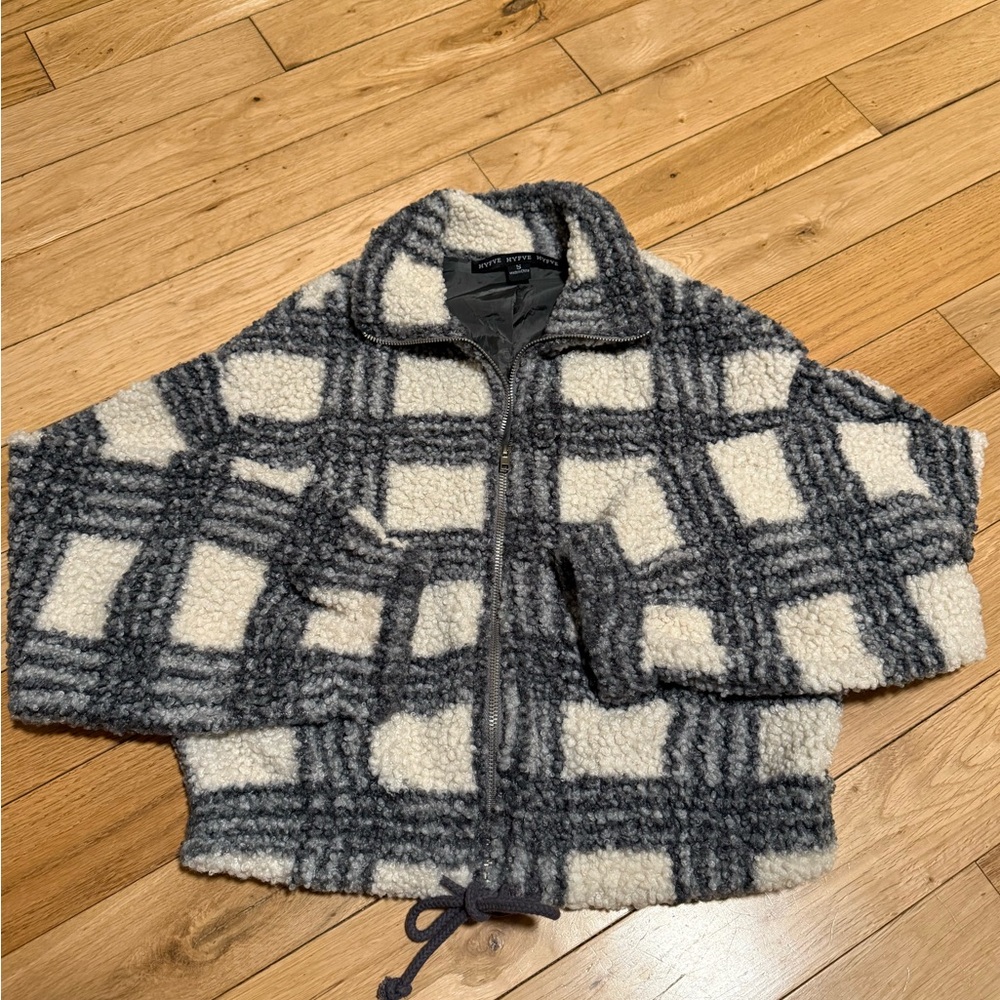 HYFVE Plaid Sherpa Zip-Up Jacket – Gray/Cream – Size S